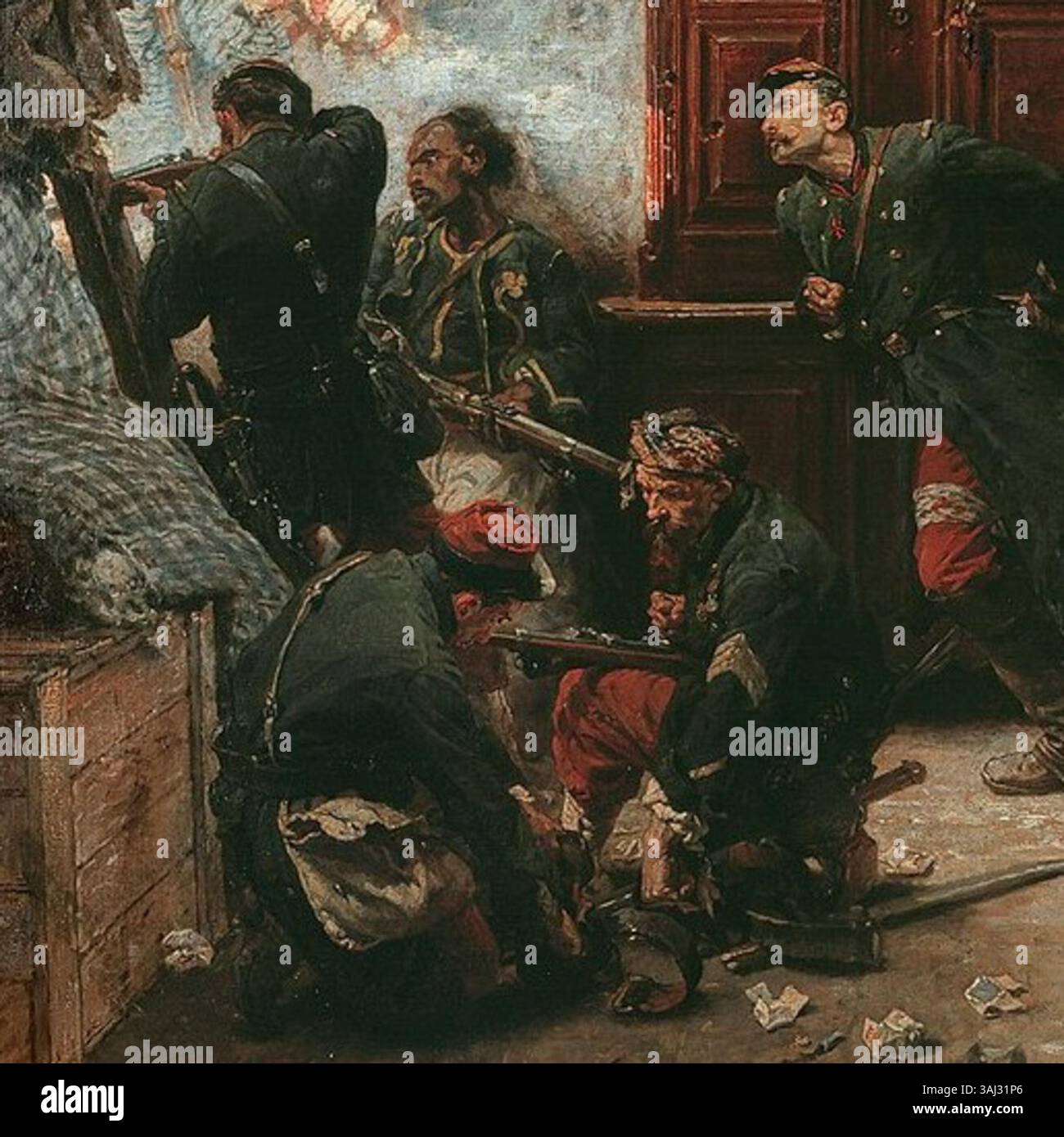 Alphonse-Marie-Adolphe de Neuvilles Gemälde Les Dernières cartouches (1873) zeigt einen dramatischen Moment aus dem Deutsch-Französischen Krieg. Das Werk, ein Öl auf Leinwand, zeigt französische Soldaten, die heftig kämpfen, während sie ihre letzte Stellung einnehmen. Die Liebe zum Detail und der Einsatz von Licht fängt die Intensität des Kampfes ein und unterstreicht die Entschlossenheit der Soldaten angesichts der Niederlage. Stockfoto