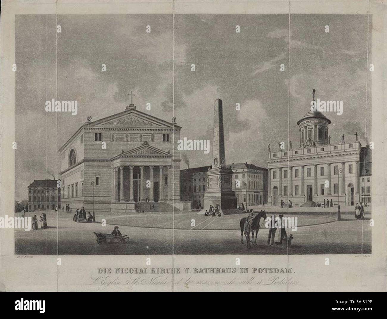 Carl Schulins Aquatindruck von 1840 fängt einen Blick aus dem Potsdamer Stadtschloss ein und zeigt die Nikolaikirche, den Obelisken und das Alte Rathaus in Potsdam und hebt die architektonischen Wahrzeichen der Stadt hervor. Stockfoto