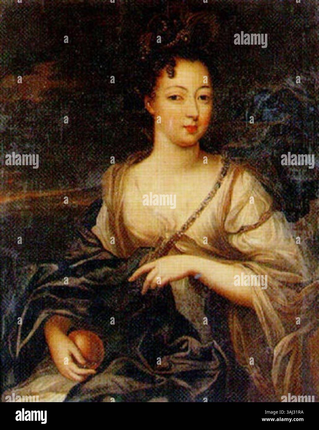Das Ölgemälde Portrait d'une femme de qualité à la pomme von einem Anhänger von Nicolas Mignard aus dem 17. Jahrhundert zeigt eine Frau in edler Kleidung, die einen Apfel hält, ein Symbol für Reichtum und Eleganz. Stockfoto