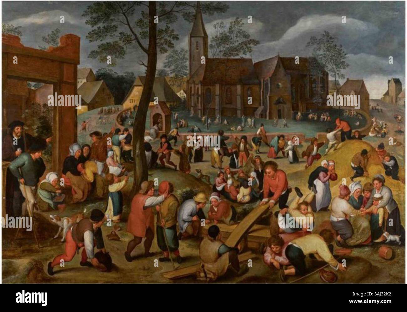 Dieses Öl auf Eichenplatte mit dem Titel „Kinderspiele“, geschaffen von Marten van Cleve, zeigt Kinder, die an verschiedenen Aktivitäten beteiligt sind. Das Gemälde stammt aus dem 16. Jahrhundert. Stockfoto