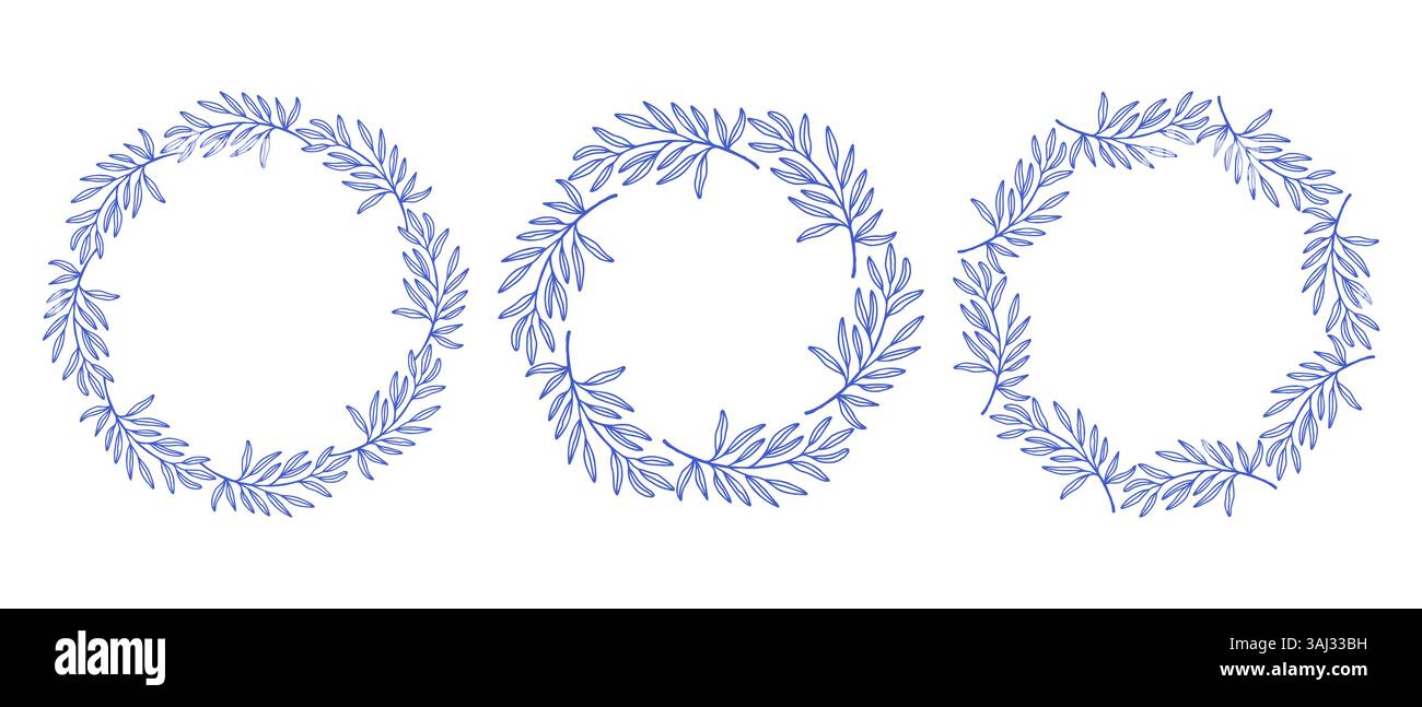 Mediterrane blaue Olivenzweige, kreisförmiges Rahmenset. Handgezeichnete runde Linie, Blätter und Blumen, Hochzeitseinladungen und Karten, Logo-Design und Stock Vektor