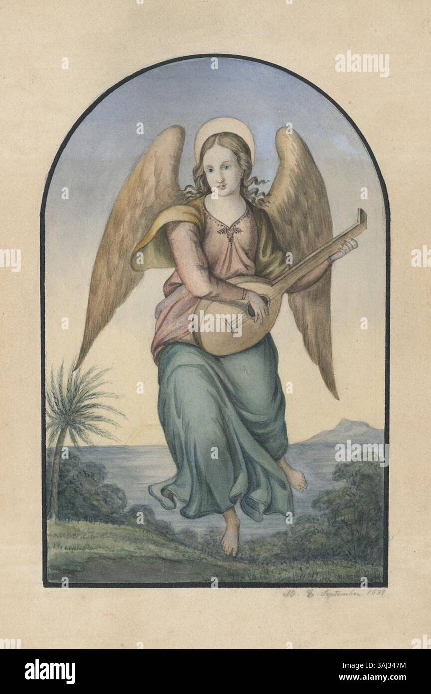 Marie Ellenrieders Aquarell aus dem Jahr 1839 mit dem Titel „Musizierender Engel in südlicher Landschaft“ zeigt einen musikalischen Engel in südlicher Landschaft, hervorgehoben durch Bleistift- und Tuschenumrisse, signiert und datiert von der Künstlerin. Stockfoto