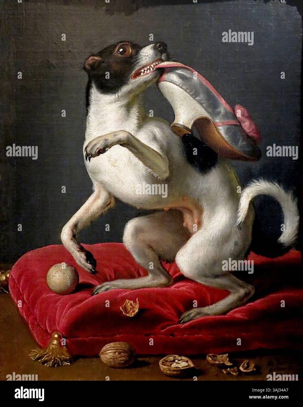 Dominique Doncres Petit Chien Jouant avec un Soulier, gemalt 1785, zeigt einen kleinen Hund, der mit einem Schuh spielt. Dieses bezaubernde Ölgemälde unterstreicht die verspielte Natur des Tieres, das in einem unbeschwerten, intimen Moment spielt. Stockfoto