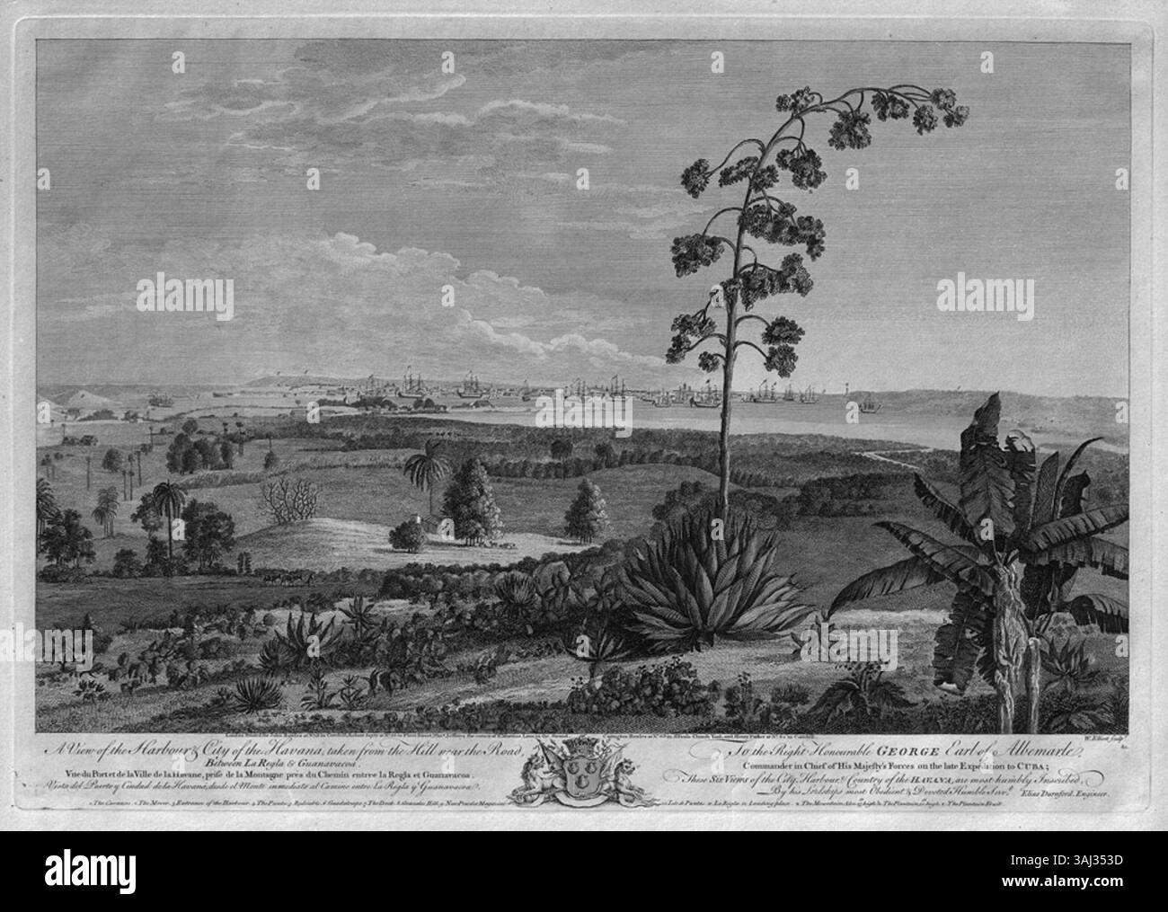 Dieser Stich von William Elliott aus dem Jahr 1764 zeigt den Blick auf Havanna von einem Hügel in der Nähe der Straße zwischen La Regla und Guanavacoa und zeigt den Hafen der Stadt. Die Szene umfasst verschiedene Bäume und Sträucher, die die natürliche Schönheit der Landschaft entlang des Hafens hervorheben. Stockfoto