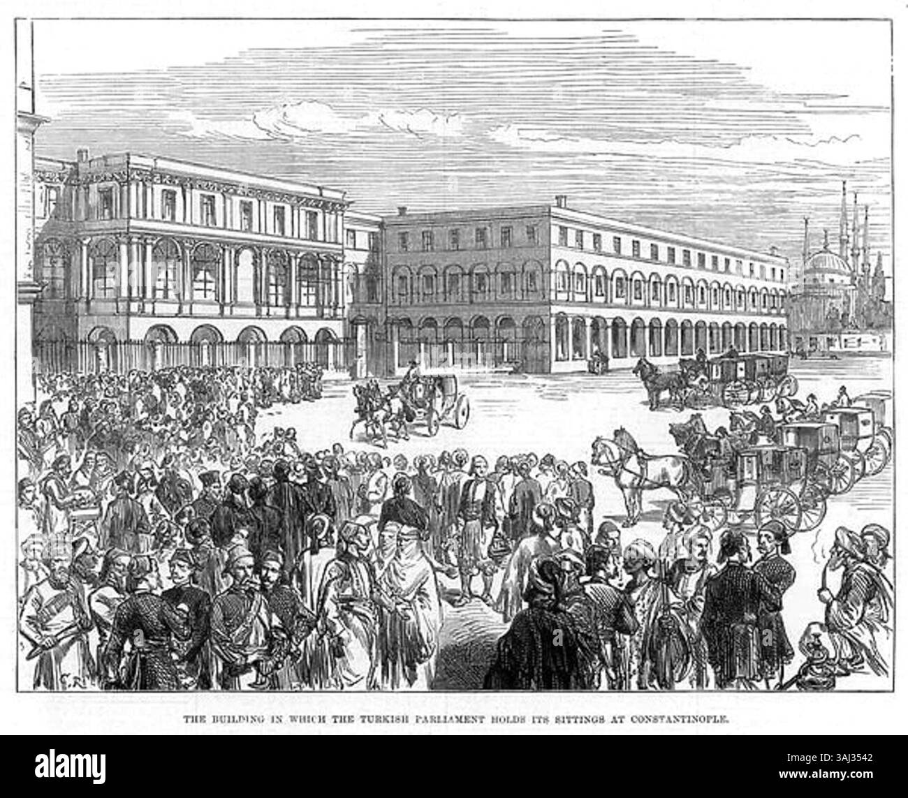 Diese Illustration aus dem Jahr 1877 aus der Illustrated London News zeigt das Gebäude, in dem das türkische Parlament seine Sitzungen in Konstantinopel abgehalten hat und hebt die osmanische Architektur hervor. Stockfoto