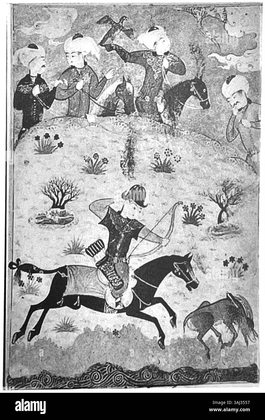 Diese Illustration aus dem Diwan von Amir Khusraw aus dem Jahr 1488 zeigt einen Reiter, der während einer Jagd verfolgt. Es spiegelt die kulturellen Praktiken und künstlerischen Traditionen der Zeit in Shiraz wider. Stockfoto