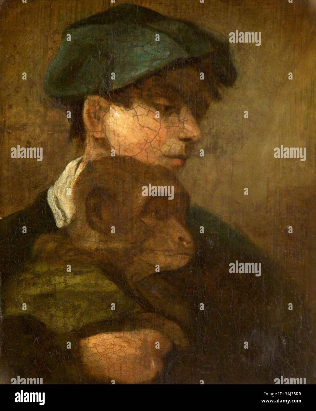 Ein Gemälde, das einen Jungen mit grüner Mütze und einem Affen zeigt, gemalt zwischen 1800 und 1899. Das Kunstwerk hebt eine spielerische und fesselnde Szene hervor, die die Unschuld der Kindheit mit der Interaktion zwischen dem Jungen und dem Tier einfängt. Stockfoto