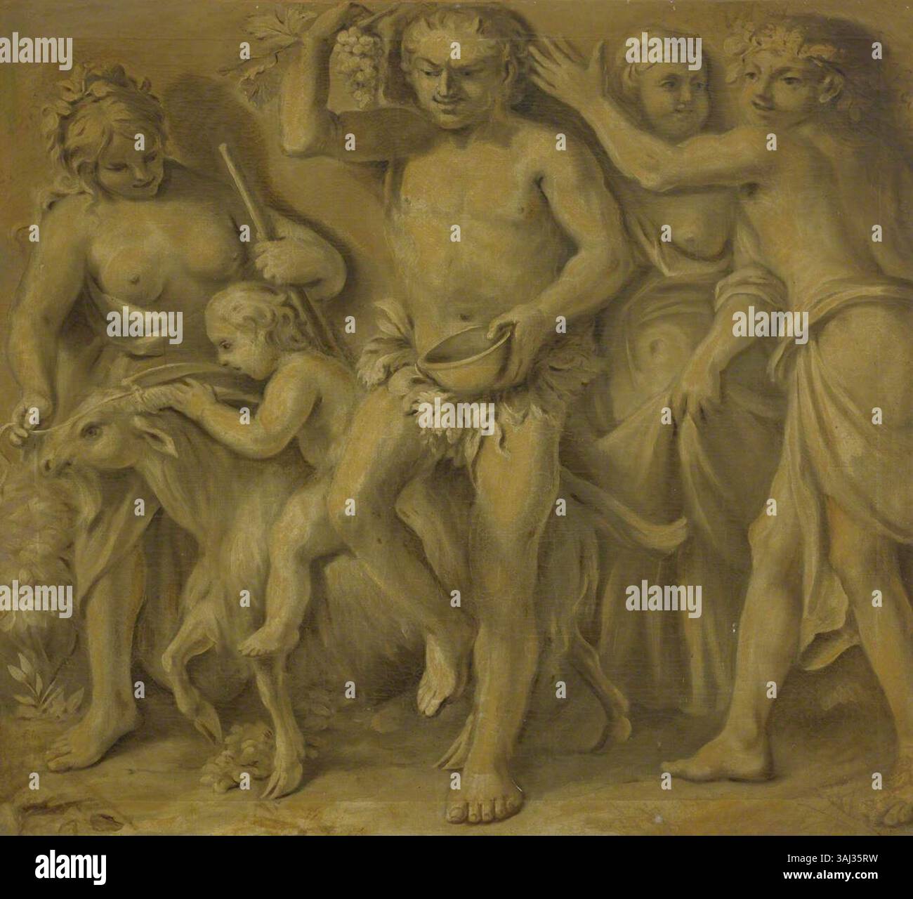 Dieses Gemälde aus der British School, das zwischen 1725 und 1775 stammt, zeigt eine bacchanalische Prozession, die die mythologische Feier von Bacchus, Gott des Weins, festnimmt. Es ist ein Ölgemälde, das in der Sammlung des National Trust untergebracht ist. Stockfoto