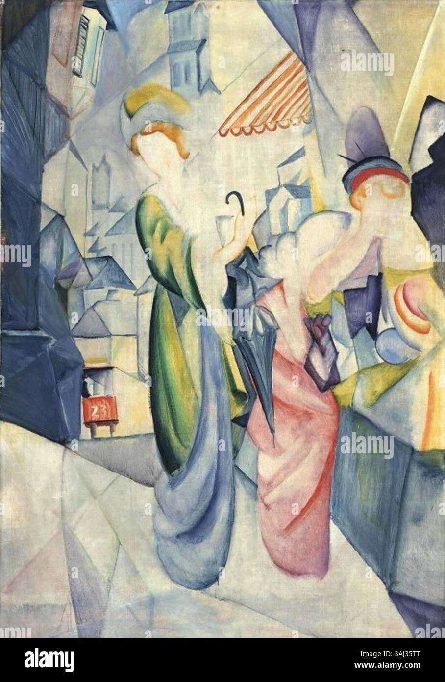 Ein Ölgemälde von August Macke aus dem Jahr 1913 mit dem Titel „Helle Frauen vor Hutladen“. Diese Arbeit spiegelt Mackes expressionistischen Stil wider und fängt die lebendigen Farben und den Alltag von Frauen in einem geschäftigen urbanen Umfeld ein. Stockfoto