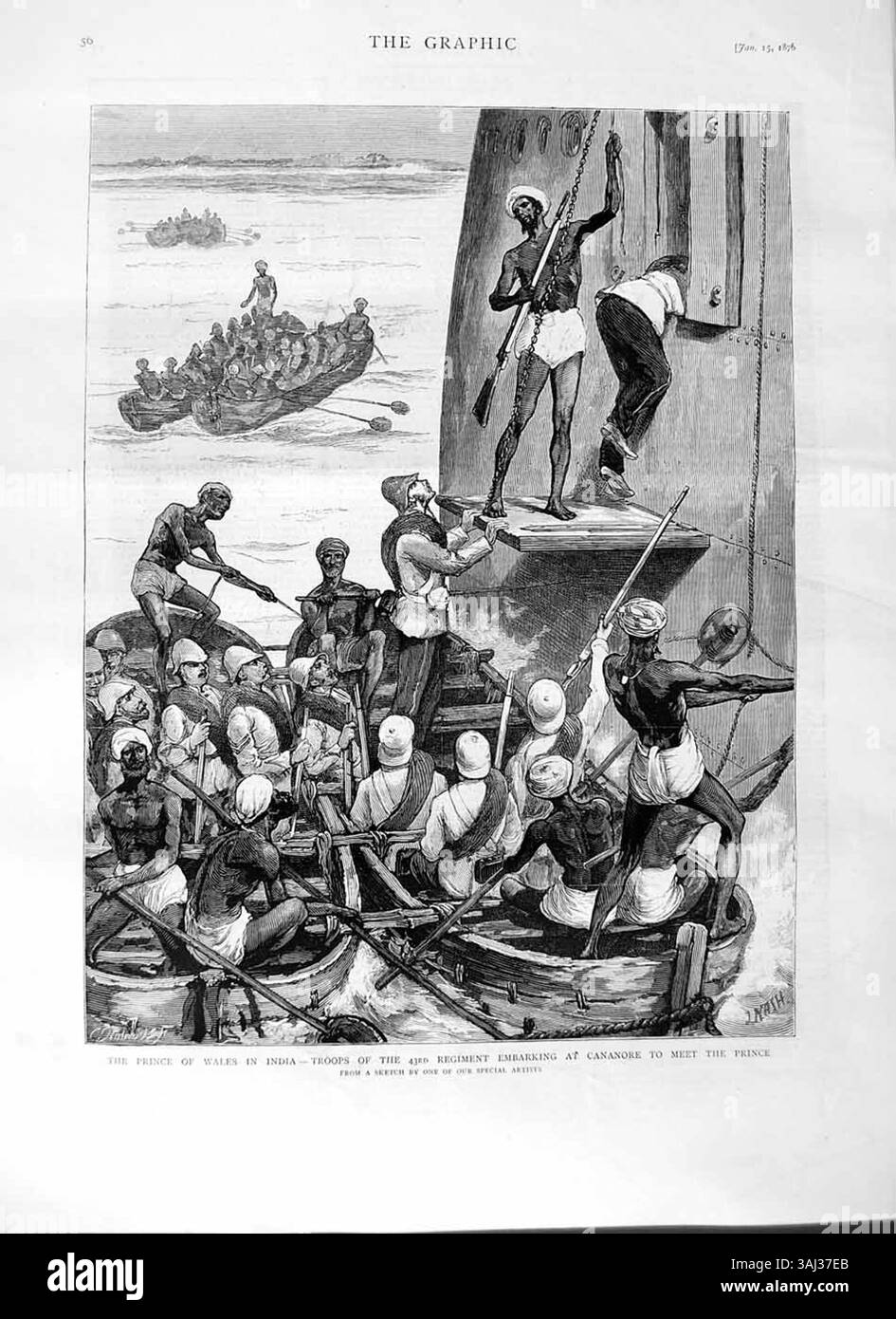 Diese 1876er-Illustration aus „The Graphic“ zeigt die 43. Regimenter, die Schiffe in Cananore, Indien, besteigen, um den Prince of Wales zu treffen. Das Bild fängt einen bedeutenden Moment während des Besuchs des Prinzen in Indien im späten 19. Jahrhundert ein. Stockfoto