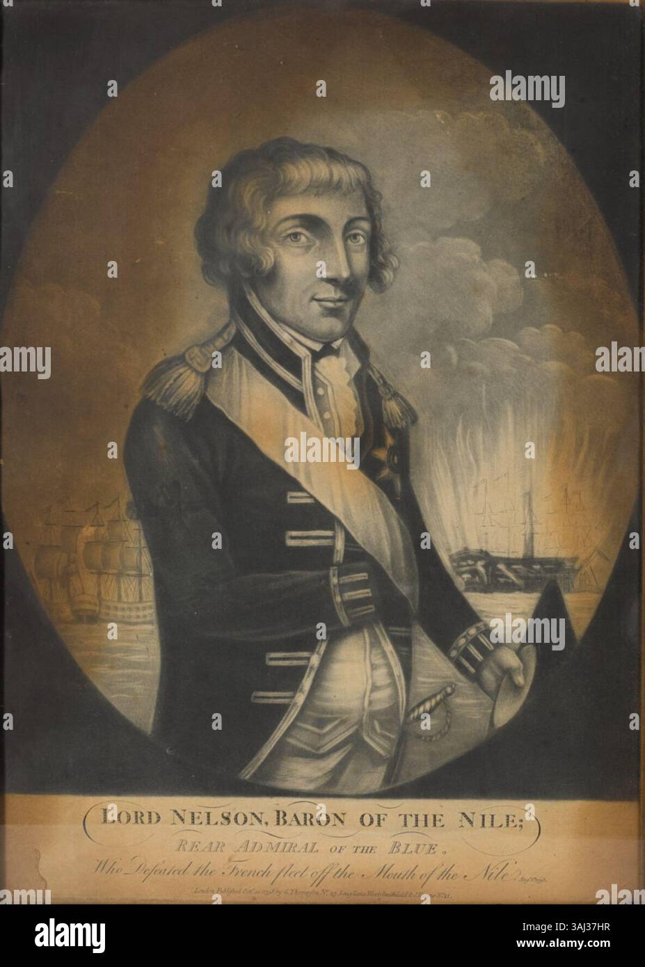 Dieser Gravur von 1798 erinnert an Lord Nelson mit dem Titel Baron of the Nil und zeigt seinen Status als Konteradmiral of the Blue. Der Druck spiegelt Nelsons militärische Leistungen während der Nilschlacht wider. Stockfoto