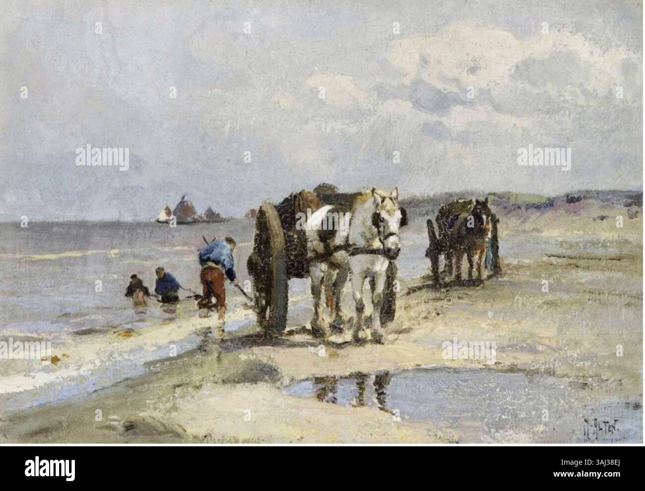 Mathias Altens Öl aus dem Jahr 1911 an Bord von „Clam Fishers and Horse Carts, Scheveningen“ zeigt Fischer in der Küstenstadt Scheveningen, Niederlande. Das Gemälde fängt das tägliche Leben und die Arbeit der Fischer ein. Stockfoto