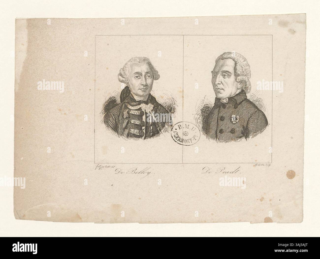 Dieser Tiefdruck von Pierre-Laurent Buirette de Belloy zeigt die Figuren de Belloy und de Pradt. Es ist Teil der Boyer-Sammlung und zeigt französische historische Persönlichkeiten. Stockfoto
