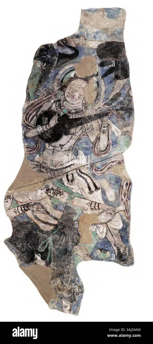 Cave 123 (MIK III 9061) zeigt ein Gemälde, das einem Künstler aus dem 5. Bis 6. Jahrhundert zugeschrieben wurde, ohne dass ein Fotograf für das Bild identifiziert wurde. Dieses Kunstwerk bietet einen Einblick in die visuellen Traditionen des frühen Zentralasiens. Stockfoto