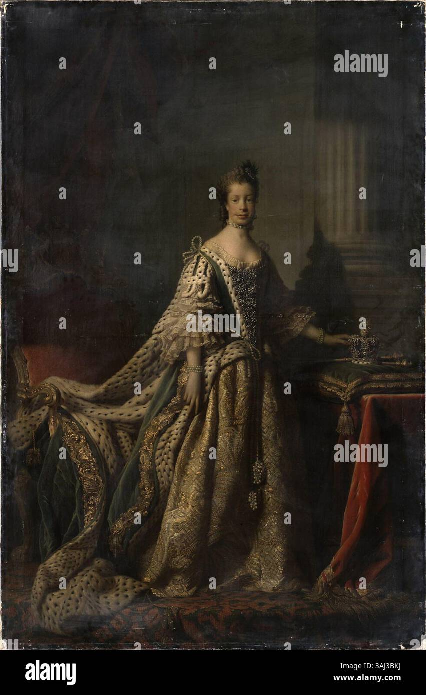 Porträt der Königin Charlotte von Mecklenburg-Strelitz (1744–1818), gemalt von Allan Ramsay nach 1762, zeigt sie im Krönungskleid. Das Ölgemälde fängt die königliche Eleganz und würde der Königin ein und unterstreicht ihren Status als Gemahlin Georg III. Stockfoto