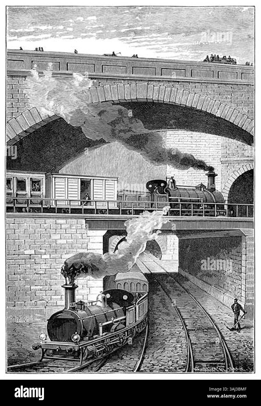 Diese Zeichnung von P. Broux aus dem Jahr 1884 zeigt die Überquerung zweier überlagerter Gleise auf der London Metropolitan Railway und zeigt den Eingang zum Clerkenwell Tunnel. Das Bild wurde in Les nouvelles conquêtes de la Science von Louis Figuier veröffentlicht. Stockfoto