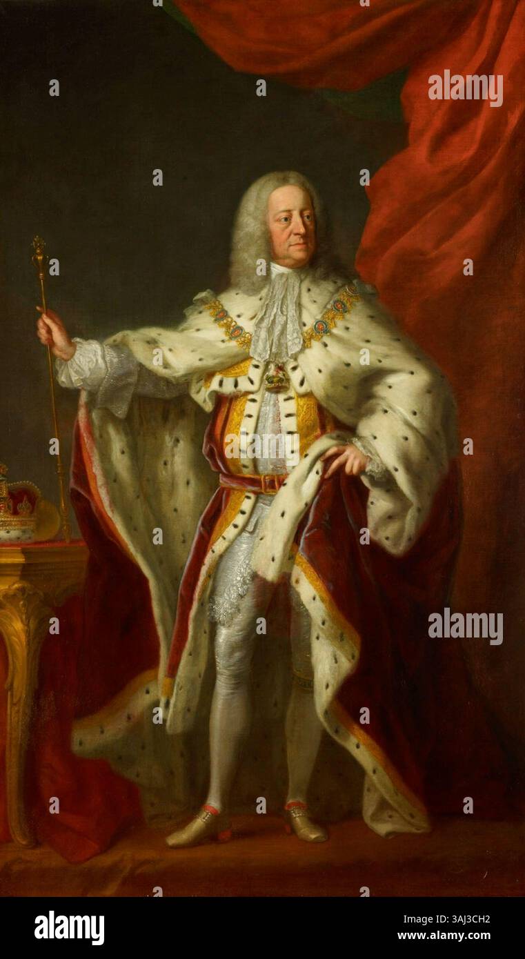 Dieses Porträt, das zwischen 1755 und 1767 im Atelier von John Shackleton gemalt wurde, zeigt George II. Von Großbritannien. Das Öl auf Leinwand spiegelt das offizielle Bild des Monarchen während seiner Regierungszeit wider. Stockfoto