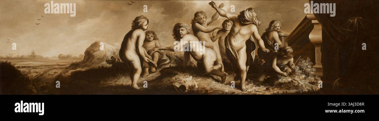 „Eine Gruppe von Putten in einer Landschaft, die Blind man's Bluff spielt“ ist ein mythologisches Ölgemälde von Moyses van Wtenbroeck, das Putten in einem spielerischen Spiel in einer malerischen Landschaft darstellt. Stockfoto