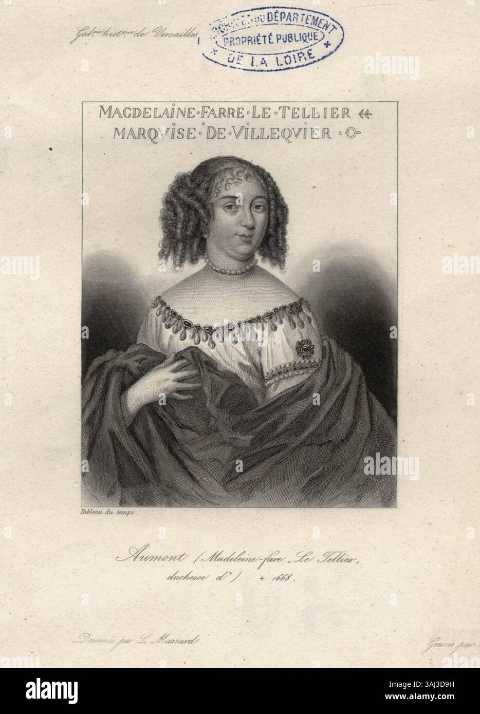 Gravur der Madeleine Fare le Tellier, Herzogin d’Aumont de Rochebaron, vor 1900 von Léopold Massard geschaffen. Das Werk präsentiert sie in einem formalen, aristokratischen Porträt. Stockfoto