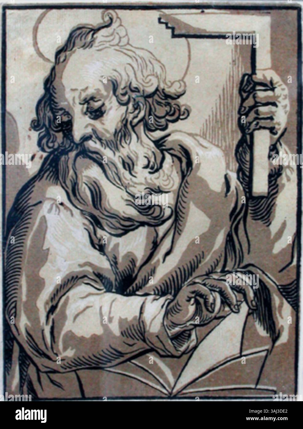 Ludolph Büsincks 1620 erschienener Druck, der auf Georges Lallemands Darstellung des Heiligen Thomas basiert, zeigt den heiligen in einer spirituellen Pose. Der Druck unterstreicht Büsincks Geschick, religiöse Figuren mit komplizierter Linienführung und Präzision darzustellen. Stockfoto