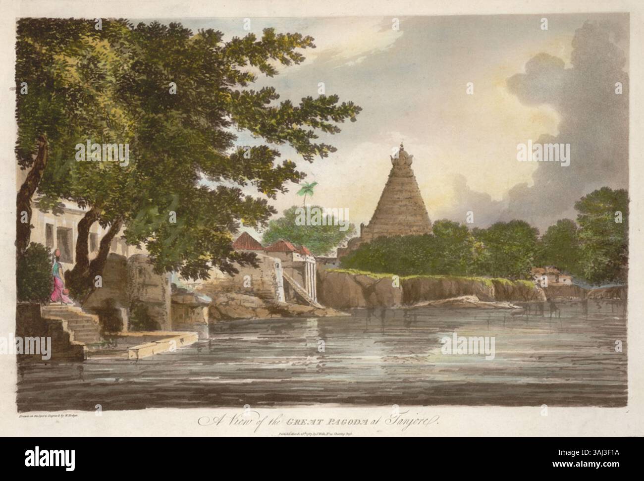 William Hodges’ 1787 erschienener Druck „A View of the Great Pagoda at Tanjore“ zeigt den Rajarajeshvara-Tempel, ein monumentales hinduistisches Gebäude in Tamil Nadu, Indien, mit komplexen architektonischen Merkmalen. Stockfoto