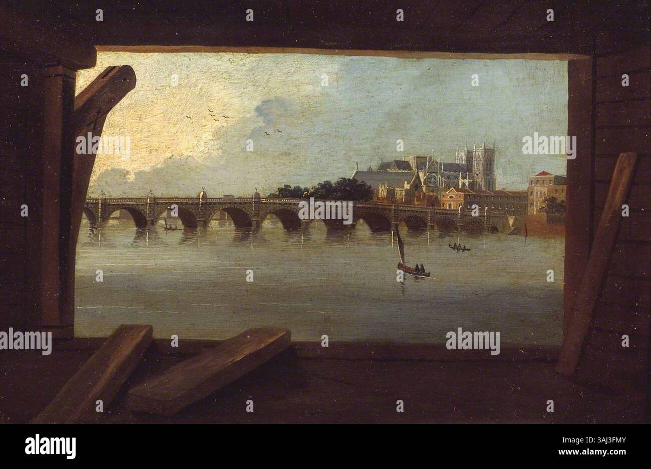 Daniel Turners Gemälde der Westminster Bridge, das in der Sammlung Tate untergebracht ist, fasst die Brücke in einem kleineren Ölgemälde (20,3 x 30,5 cm) ein. Das Kunstwerk bietet einen historischen Blick auf eines der bekanntesten Wahrzeichen Londons. Stockfoto