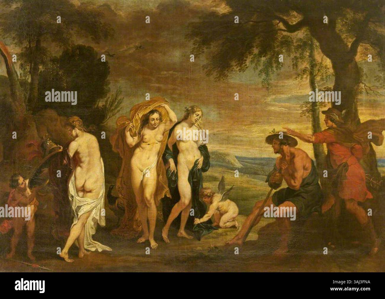 Das Urteil von Paris, gemalt im Stil von Peter Paul Rubens, ist ein mythologisches Ölgemälde, das zwischen 1600 und 1699 entstanden ist. Das Kunstwerk zeigt den Wettbewerb zwischen den Göttinnen Aphrodite, Hera und Athena. Stockfoto