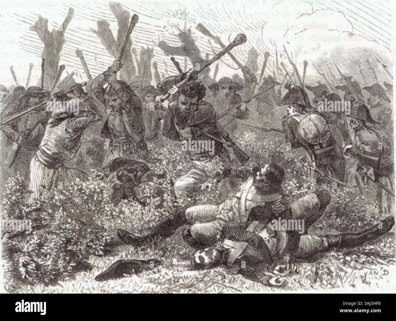 Yan’ Dargents Illustration von 1866 zeigt den Angriff auf Cholet durch Cathelineaus Truppen während des Vendée-Krieges, einem großen Konflikt im revolutionären Frankreich. Das detailreiche Kunstwerk fängt die Intensität des Kampfes ein. Stockfoto