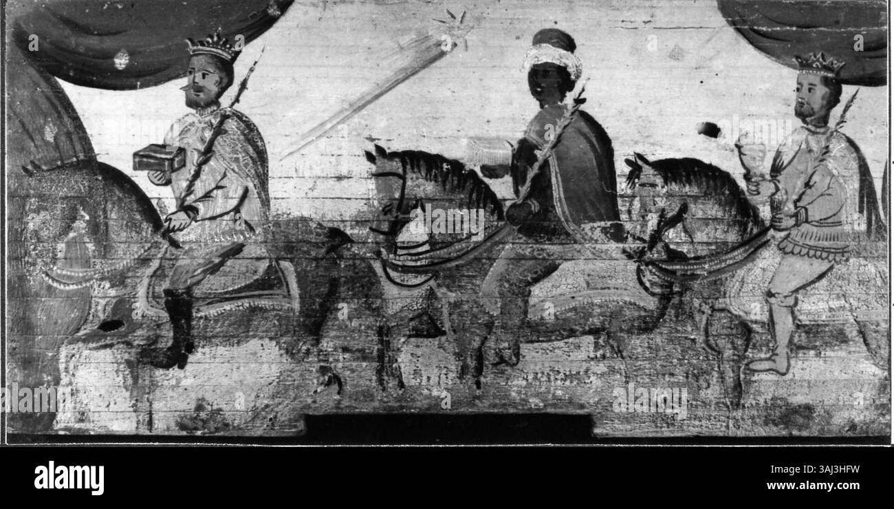 Dieses Ölgemälde aus dem 19. Jahrhundert, 'SV. Trije kralji“ zeigt die Anbetung der Könige, eine ikonische biblische Szene. Das Kunstwerk, das sich im Museum für Bienenzucht in Radovljica befindet, fängt den Moment ein, in dem die drei Könige dem neugeborenen Christus ihre Geschenke überreichen. Stockfoto