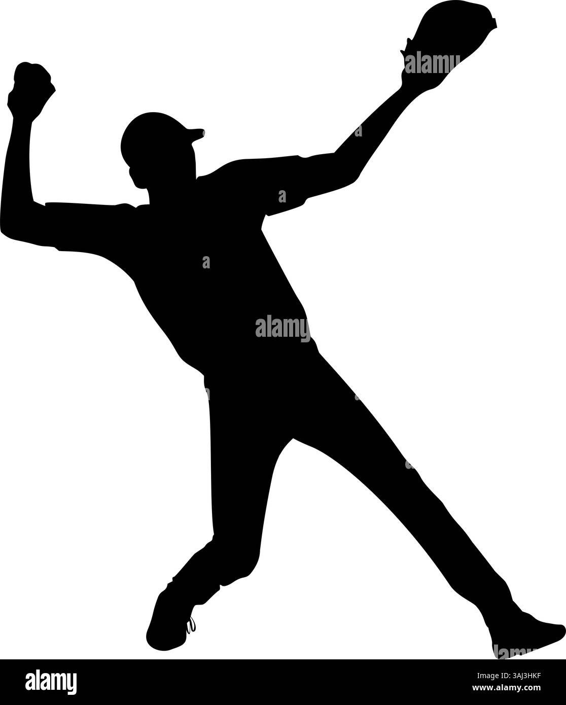 Silhouette eines Baseballkachels in einer Wurfbewegung. Sportillustration für dynamische Designs, Aufkleber, Tattoos, Poster, T-Shirt- und Mütze-Designs Stock Vektor