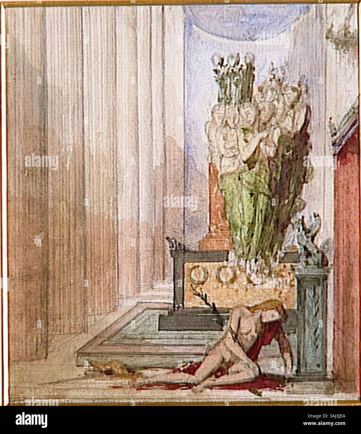 Gustave Morests „Oreste et les Furies“ zeigt die mythologische Szene, in der Orestes von den Erinyes (Furies) gequält wird, weil sie den Tod seines Vaters rächen. Dieses Werk stellt Themen der Schuld, Bestrafung und Erlösung in der griechischen Mythologie dar. Stockfoto