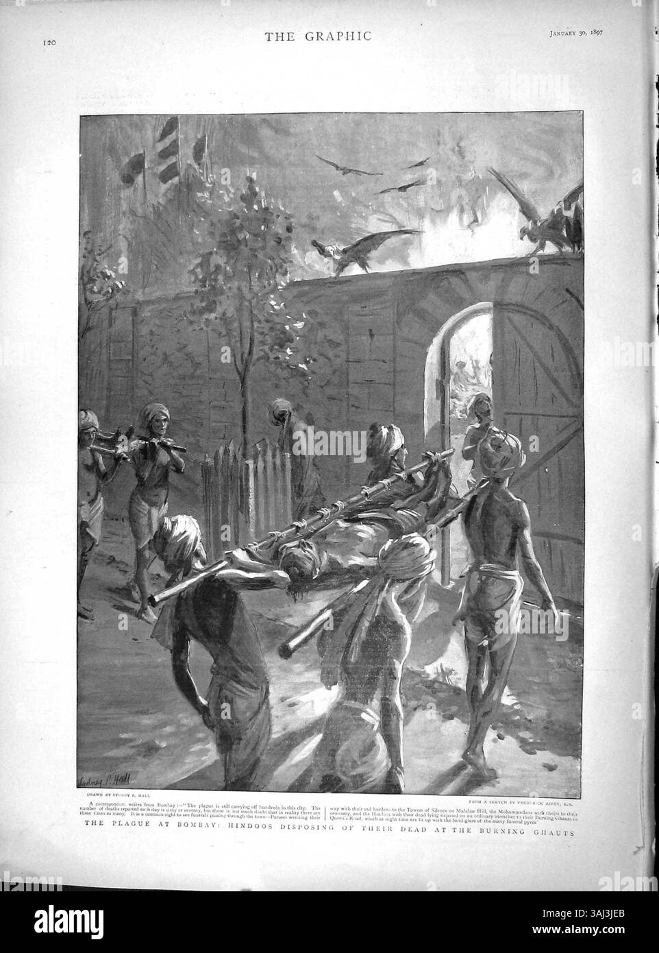 Diese 1897-Illustration aus der Grafik zeigt die Hindus, die Pestopfer in den brennenden Ghuts in Bombay entsorgen und die kulturellen Praktiken im Zusammenhang mit dem Tod und den verheerenden Tribut der Pest hervorheben. Stockfoto