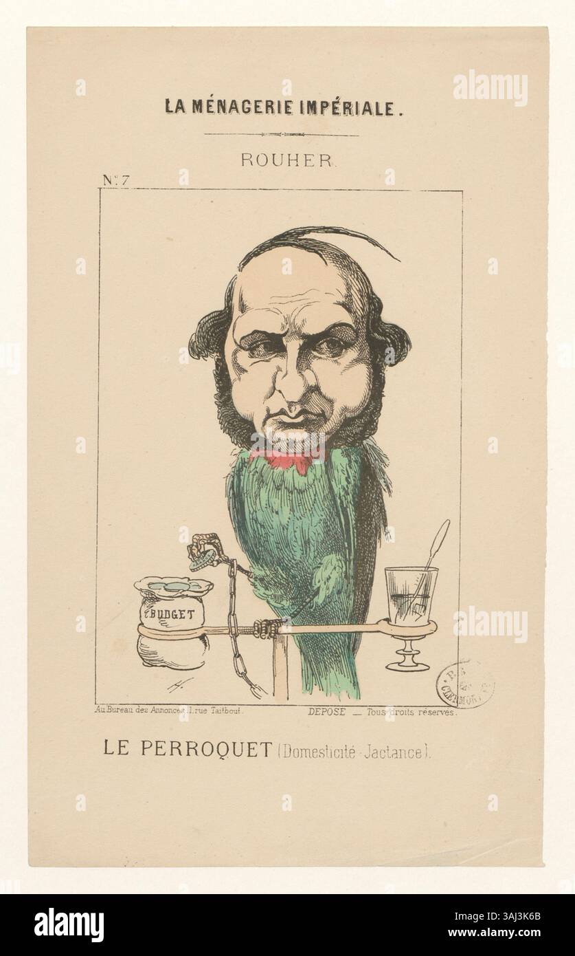 Dieser Druck von Eugène Rouher mit dem Titel „Le Perroquet“ (der Papagei) verwendet die Bildsprache eines Papageeis, um über Häuslichkeit und Prahlhaftigkeit in der französischen Gesellschaft zu kommentieren. Die Lithografie spiegelt Rouhers Fähigkeit wider, Humor mit politischer Kritik zu verbinden. Stockfoto