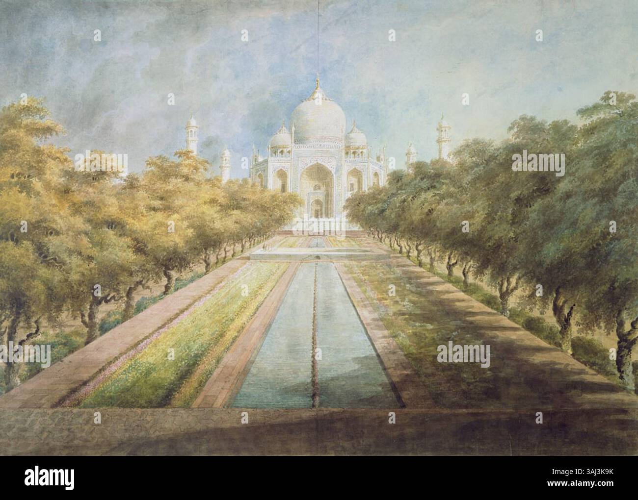 Sita Rams Aquarell des Taj Mahal, das 1814 geschaffen wurde, ist Teil einer Serie, die die architektonische Schönheit des Denkmals veranschaulicht. Es wurde für Lord Moiras Sammlung produziert. Stockfoto