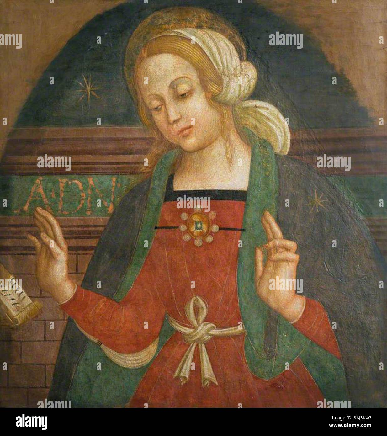 Dieses Gemälde von 1515, „Jungfrau der Verkündigung“, das der Umbrischen Schule zugeschrieben wird, zeigt die Jungfrau Maria, die die Ankündigung vom Erzengel Gabriel erhält. Das Öl auf Leinwand ist Teil der Wallace Collection. Stockfoto