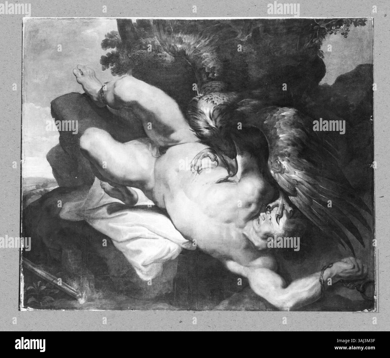 Eine Kopie von Peter Paul Rubens' 'Prometheus gebunden mit Adler' aus der Zeit um 1602, die die mythologische Figur Prometheus an einen Felsen gebunden zeigt, mit einem Adler, der an seiner Leber schmeckt. Das Ölgemälde befindet sich in der Sammlung Rijksdienst Beeldende Kunst. Stockfoto