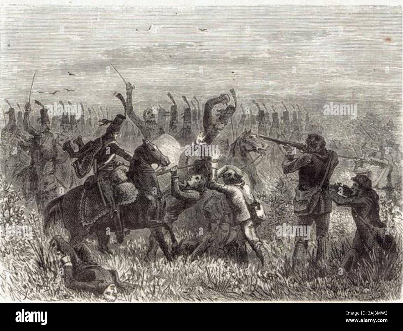 Diese Illustration von Yan’ Dargent aus dem Jahr 1866 zeigt die vollständige Zerstörung der Vendéan-Streitkräfte in Savenay während des Vendée-Krieges und veranschaulicht die verheerenden Folgen des Konflikts. Stockfoto