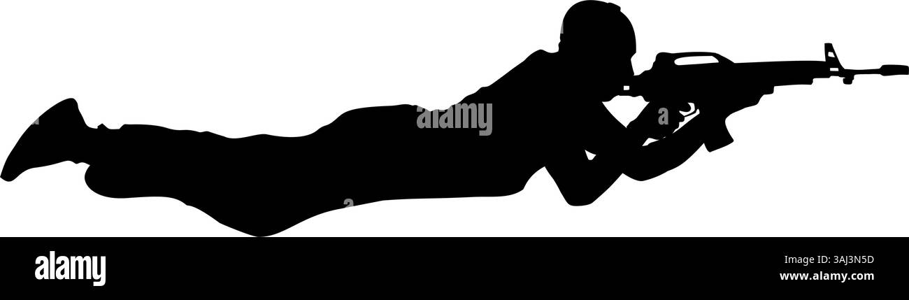 Silhouette eines Soldaten, der sich hinlegt und ein Gewehr zielt. Militärische Illustration für taktische Themen, perfekt für Aufkleber, Poster Stock Vektor