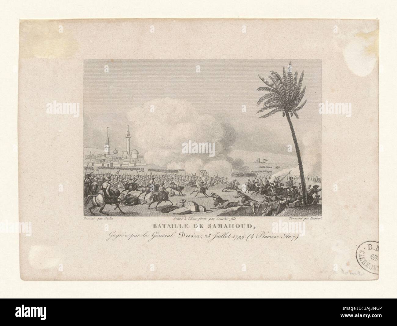 Die Lithografie zeigt die Schlacht von Samahoud, einen entscheidenden Sieg von General Louis Desaix am 23. Juli 1799 während der Französischen Unabhängigkeitskriege. Stockfoto