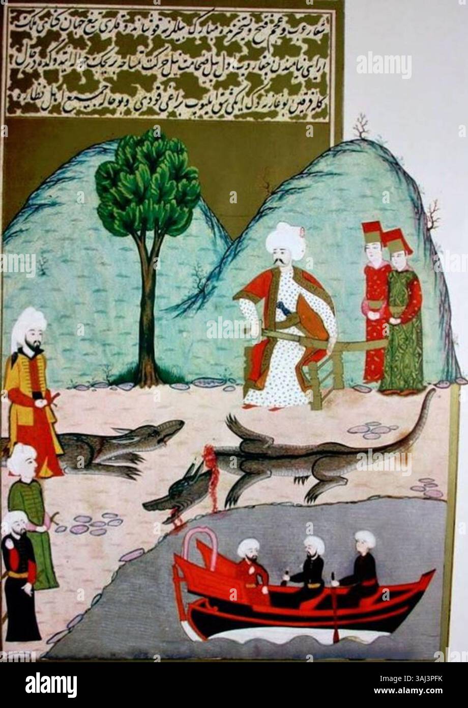 Diese Miniatur aus dem 16. Jahrhundert aus dem Hünername zeigt Sultan Selim I. aus dem Osmanischen Reich, der ein Krokodil auf dem Nil in Ägypten tötet, und spiegelt den dramatischen und actionreichen Stil der osmanischen Miniaturkunst wider. Stockfoto