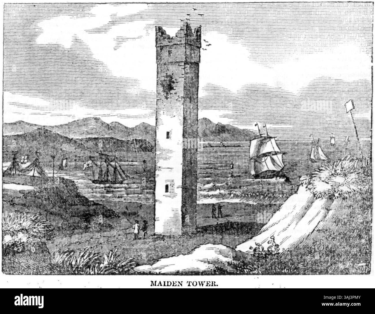 Die Illustration „Maiden Tower“, die 1833 im *The Dublin Penny Journal* veröffentlicht wurde, zeigt ein irisches Wahrzeichen. Das Gebäude wird als wichtiges historisches Merkmal präsentiert, das Irlands reiches architektonisches Erbe repräsentiert. Stockfoto