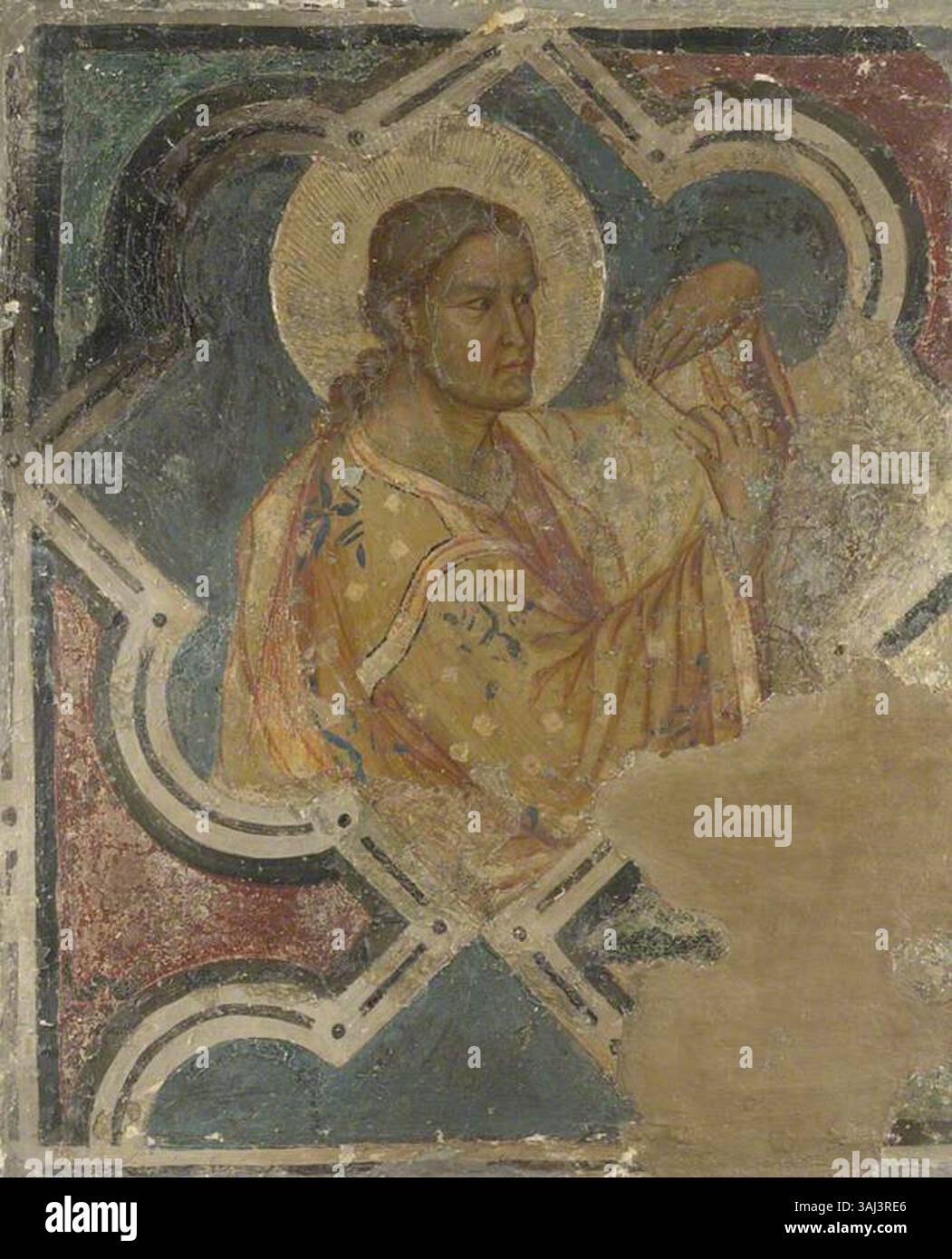 Dieses religiöse Gemälde, das zwischen 1348 und 1402 entstanden ist, zeigt einen heiligen im umbrischen Stil und spiegelt die für die italienische Renaissance typische Andachtskunst des frühen 14. Jahrhunderts wider. Stockfoto