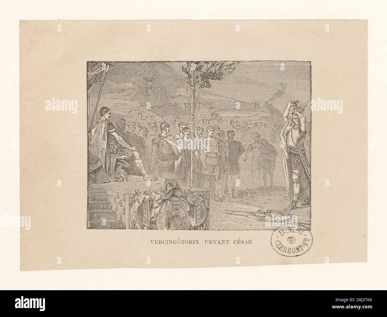 Dieser Holzstich zeigt Vercingétorix in einer dramatischen Konfrontation mit Julius Caesar und symbolisiert den entscheidenden Moment in den Gallischen Kriegen. Stockfoto