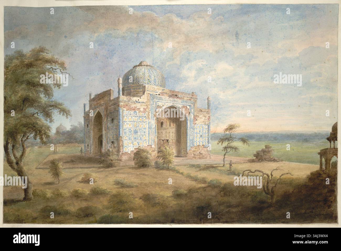 Sita Rams Aquarell aus dem Jahr 1815 zeigt die Chini ka Rauza, das Grab von Afzal Khan, das für seine farbenfrohen Fliesen bekannt ist. Das Grab ist ein bedeutendes historisches Denkmal in Agra. Stockfoto