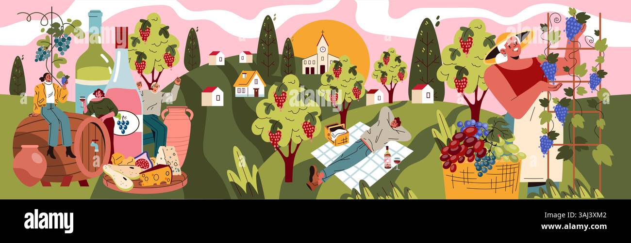 Illustration zum Nationalfeiertag des Weins, in der Menschen Wein in einer lebhaften Weinlandschaft mit Flaschen, Trauben und Käse genießen. Stock Vektor