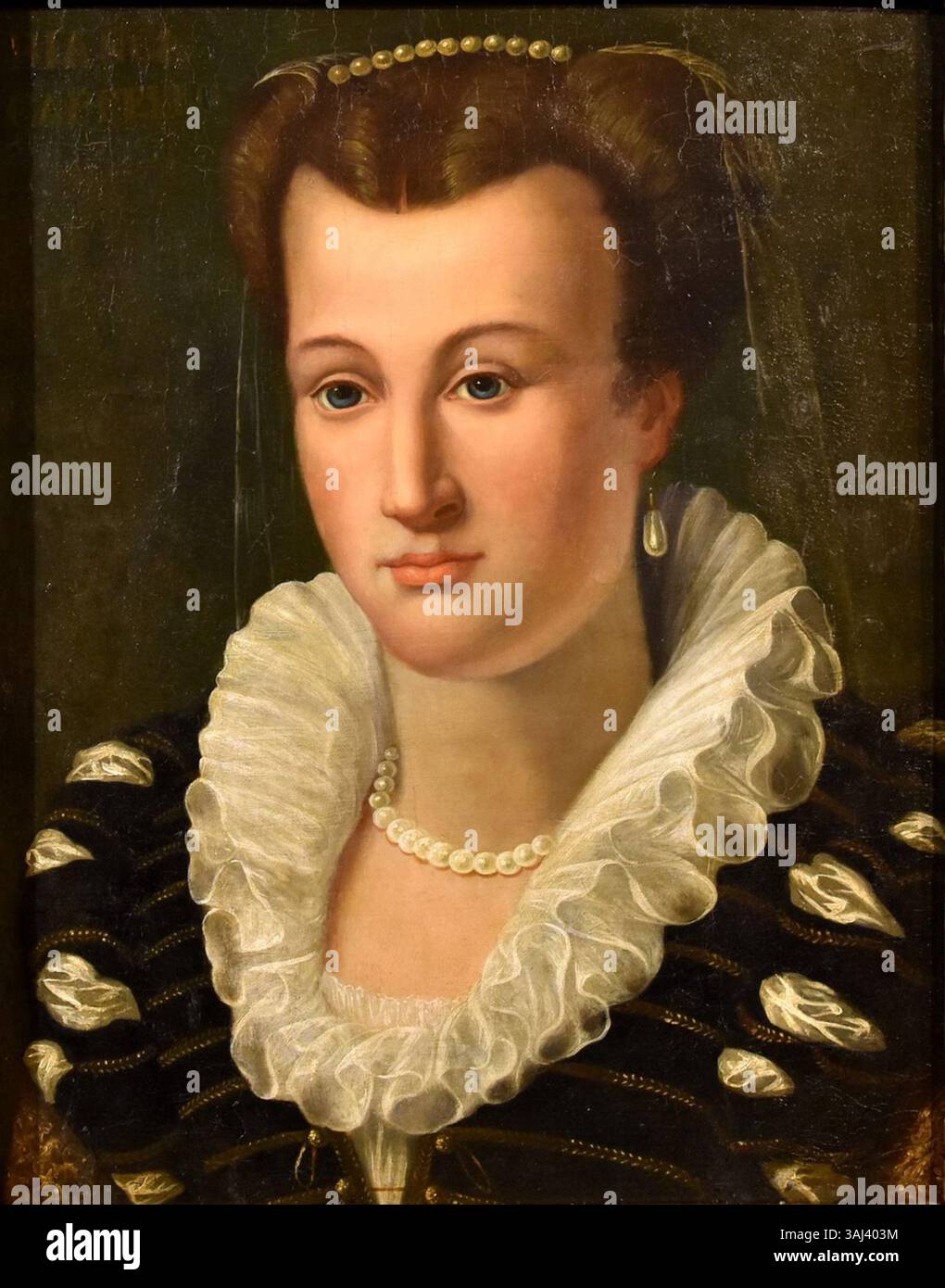 Dieses Porträt von Bianca Cappello aus dem 16. Jahrhundert, der zweiten Ehefrau von Francesco i de’ Medici, ist ein wichtiges Werk von Giovanni Maria Butteri. Es spiegelt den Reichtum und die Macht der Familie Medici im italienischen Renaissance wider. Stockfoto