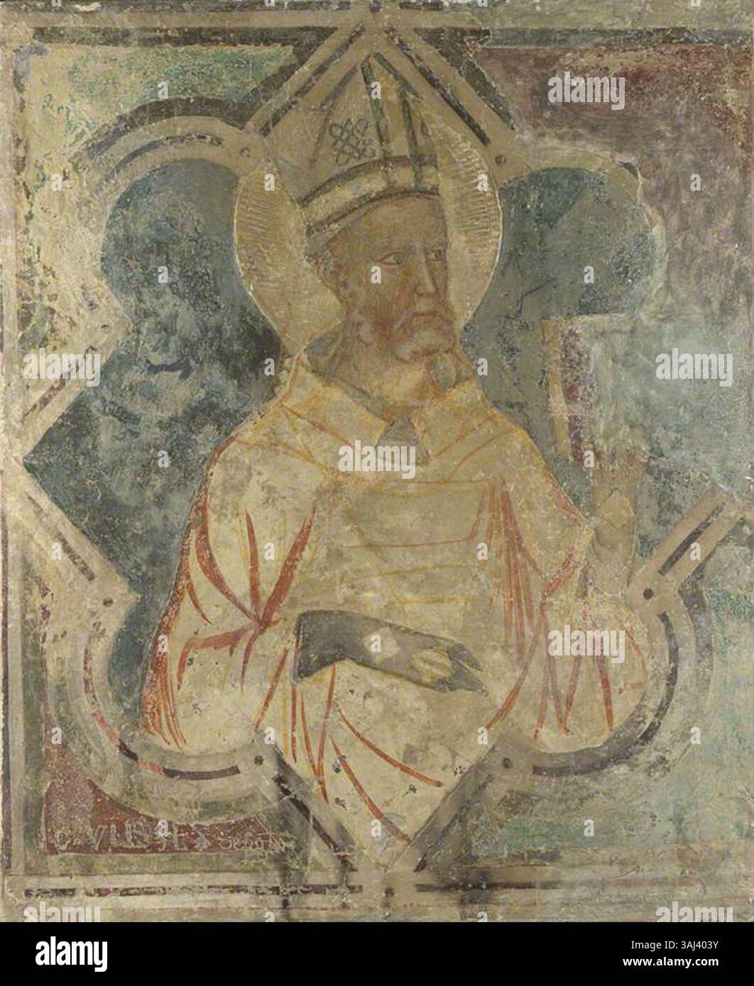 Dieses Gemälde aus der Umbrischen Schule aus dem 14. Jahrhundert zeigt einen bischofsheiligen, der zwischen 1348 und 1402 geschaffen wurde. Es zeigt religiöse Themen und gotischen Stil. Stockfoto