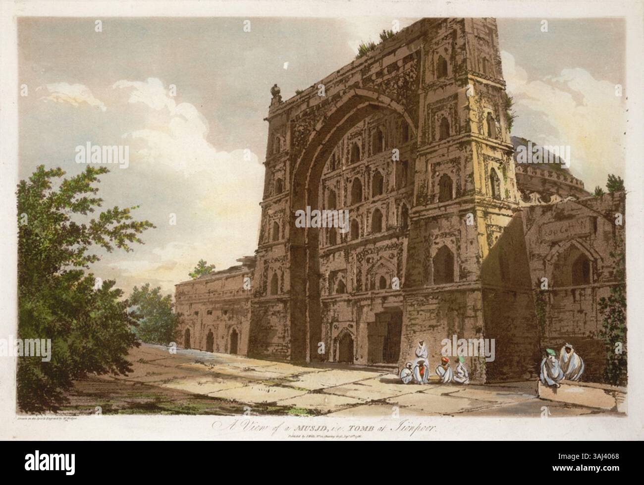 Dieser Druck von William Hodges aus dem Jahr 1787 zeigt die Atala-Moschee in Jaunpur, Indien, die 1408 erbaut wurde. Es ist Teil einer Reihe von Ansichten, die historische indische Architektur darstellen und einen Einblick in den architektonischen Stil der Sharqi-Dynastie geben. Stockfoto