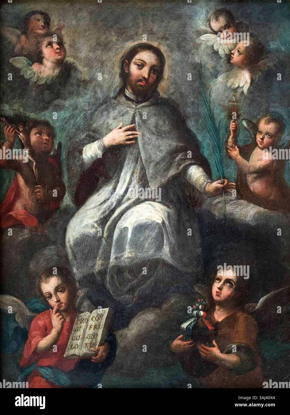 Ein Gemälde von José de Páez aus dem 18. Jahrhundert, das den heiligen Johannes von Nepomuk umgibt, umgeben von Engeln. Das Werk, das im Nationalmuseum der Schönen Künste Kubas untergebracht ist, ist aus Öl auf Metall gefertigt und repräsentiert den mexikanischen Schulstil. Stockfoto