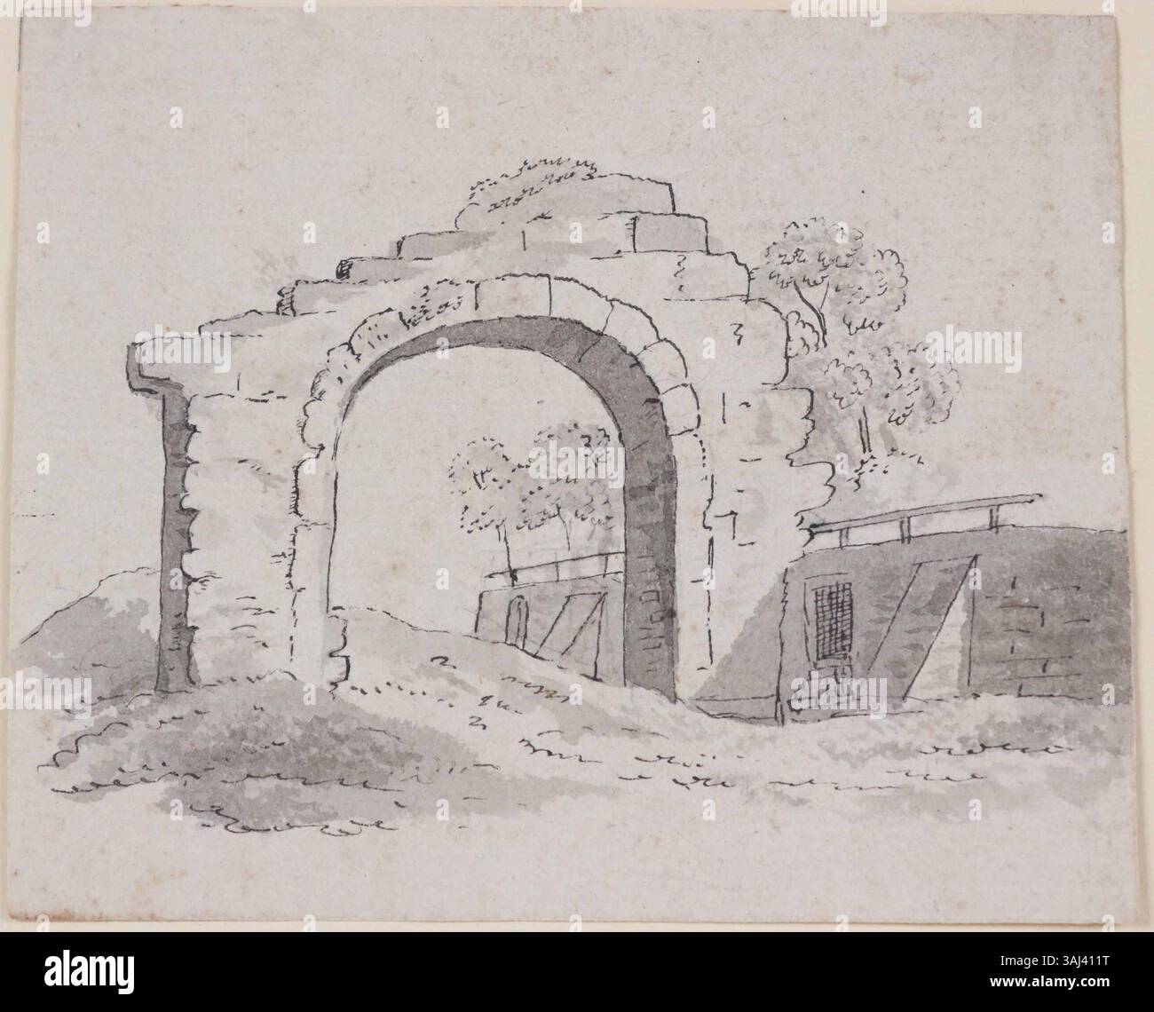 Diese Zeichnung mit Stift und Tinte eines ruinierten Bogens, die dem Kreis von Caspar David Friedrich zugeschrieben wird, zeigt die romantische Ästhetik, die typisch für das 18. Jahrhundert ist. Das Kunstwerk verwendet feine Waschtechniken, um den Verfall architektonischer Elemente zu betonen und dabei Themen der Natur zu wecken, die von Menschen geschaffene Strukturen zurückerobern. Stockfoto